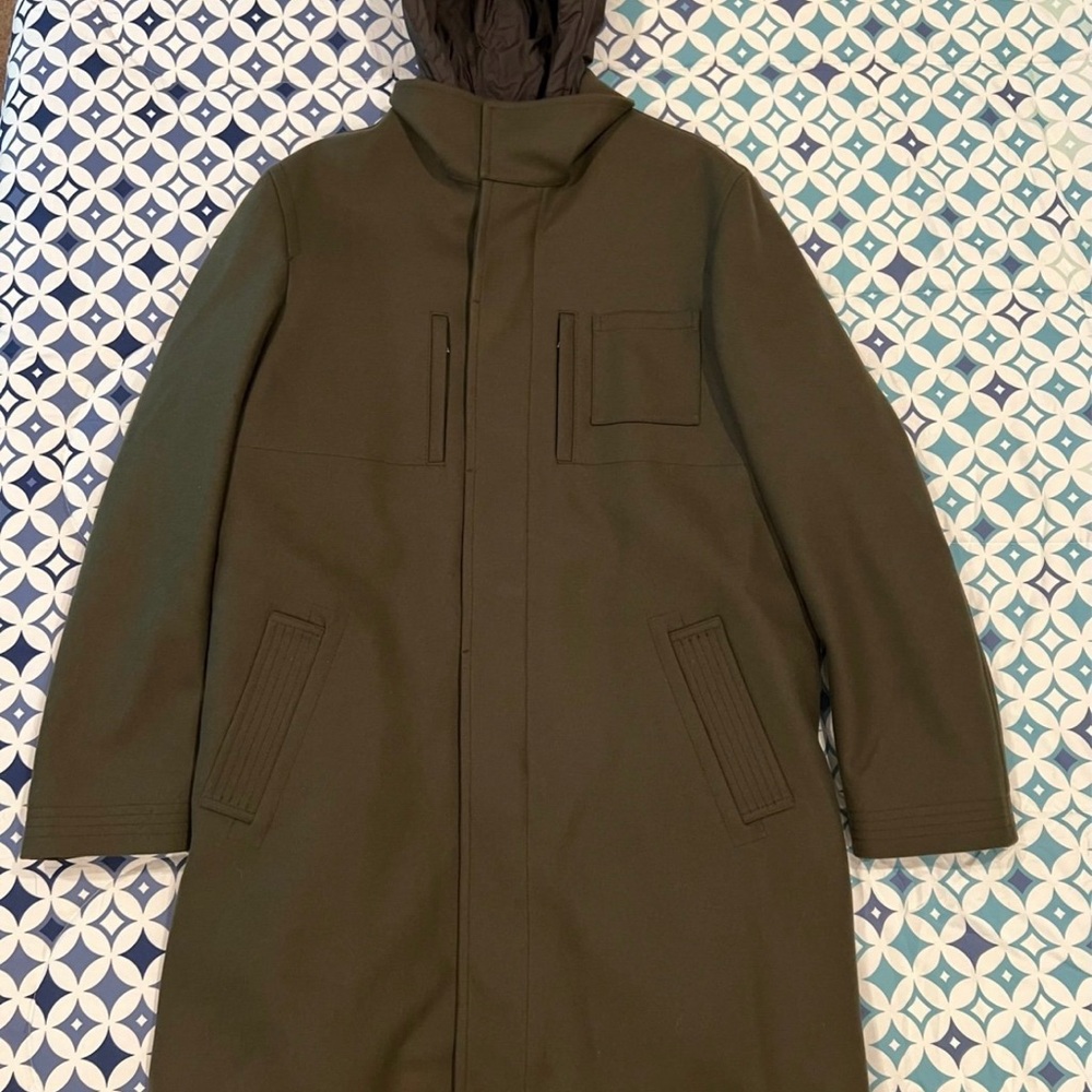 John Varvatos Olive Green Trench Coat with High Collar and Zipper